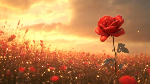 Red Rose Stands Alone in Golden Sunlit Field