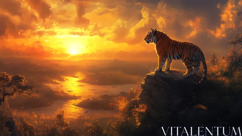 Solitary tiger surveying a blazing river sunset horizon.