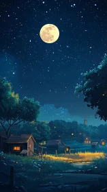 Moonlit village glows softly under a clear starlit sky