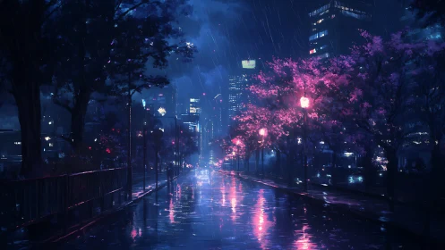 Neon rain drapes a cherry blossom boulevard in midnight hush.