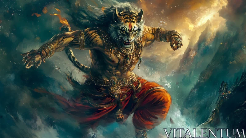 Fierce tiger warrior charges through swirling stormlight