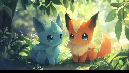 Gentle forest glow surrounds two bright eyed fox friends