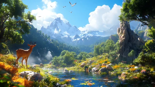 Gentle deer pauses by a sparkling mountain forest stream