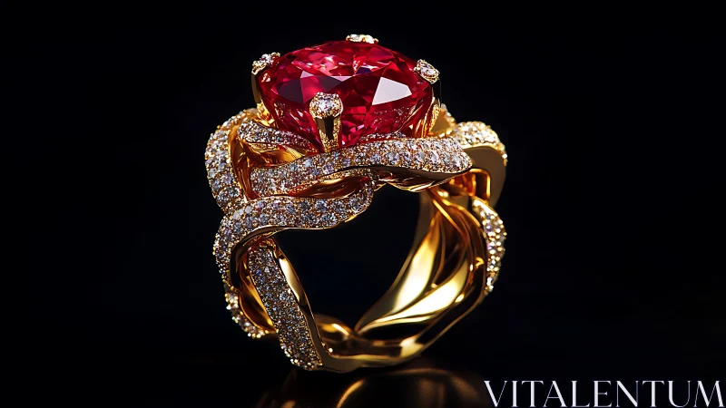 Crimson crown ring entwined with golden, diamond-lit fire.