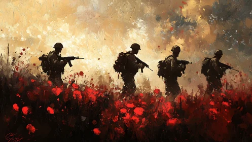 Silhouetted soldiers advance through poppy field under impasto sky