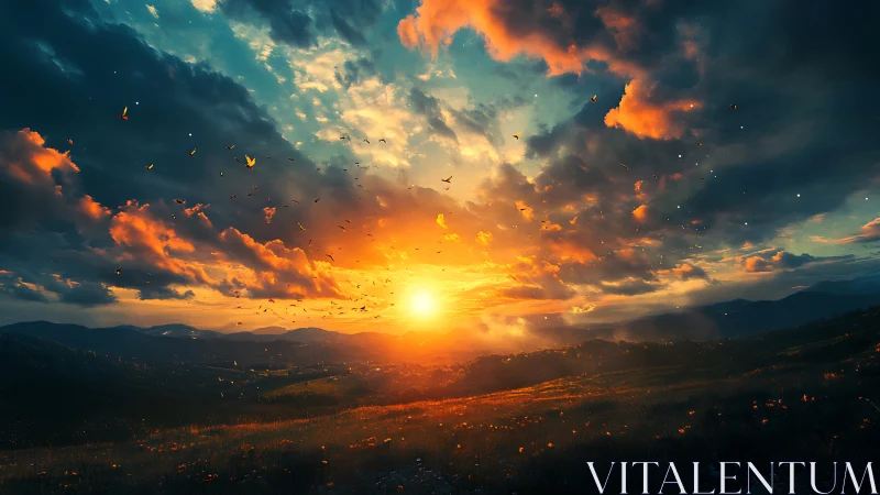 High-dynamic range sunset sky over rolling hills with volumetric clouds