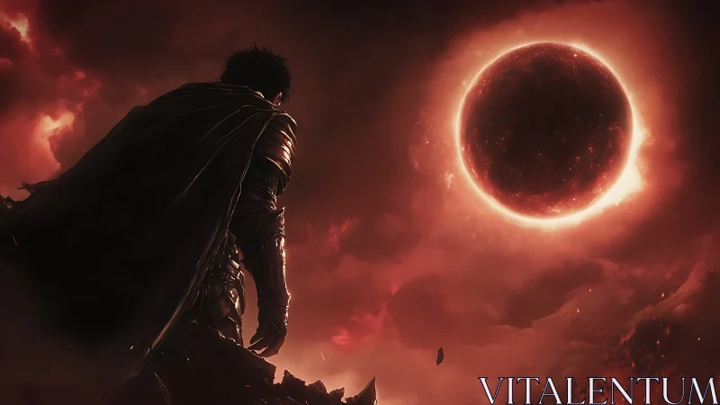 Armored wanderer under apocalyptic crimson solar eclipse