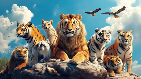 Pride of Tigers on Rocky Outcrop Against Sky.