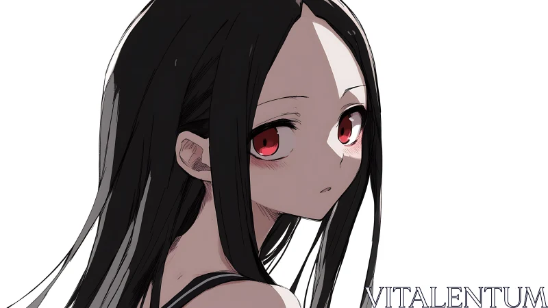 Side profile of anime girl with long black hair and red eyes.