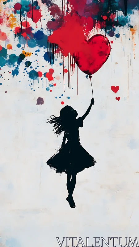 Silhouette Girl Ascending with Red Heart Balloon and Paint Splatter