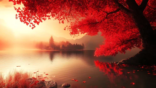 Crimson autumn tree glows over misty mountain lake at dusk.