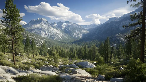 Mountain valley with conifer forest under clear daylight sky