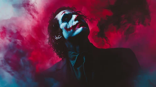 Smirking clown figure in red and cyan cinematic smoke portrait.