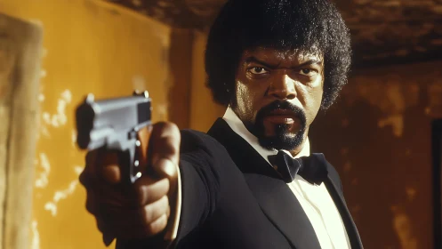 Serious suited man aiming handgun in dim interior scene.