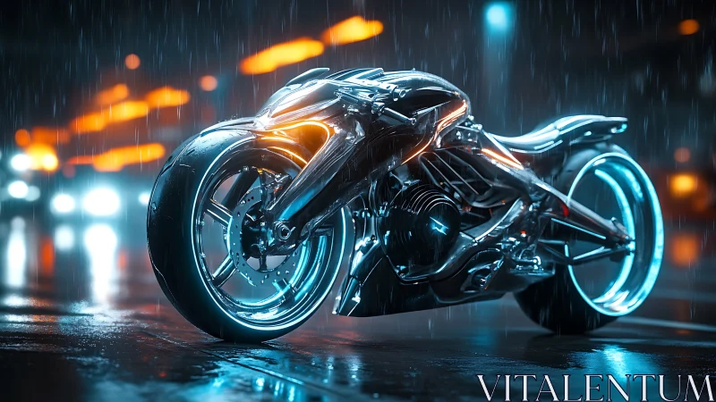 Futuristic neon motorcycle on wet cyberpunk city street.