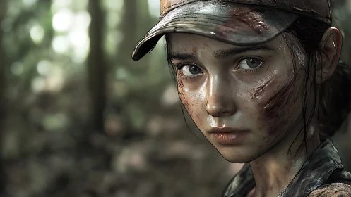 Photorealistic battle-worn girl portrait in forest setting.