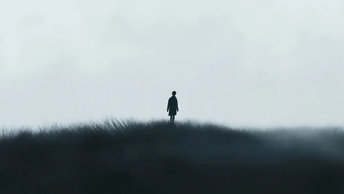 Solitary human figure on mist covered grassy ridge line.