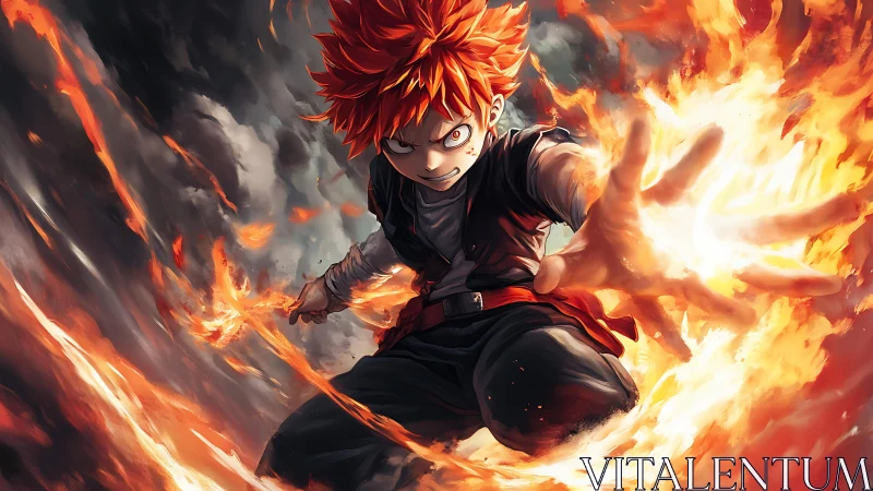Fiery anime warrior unleashes explosive flame power.
