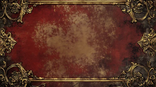 Baroque gilt frame on distressed crimson ornamental panel.