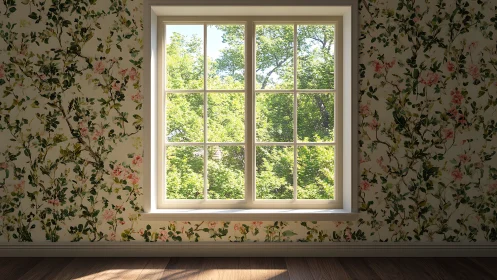 Interior window view framed by floral patterned wallpaper.