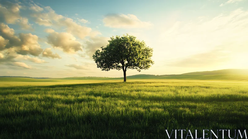 Solitary green tree in wide sunlit grassy field landscape.