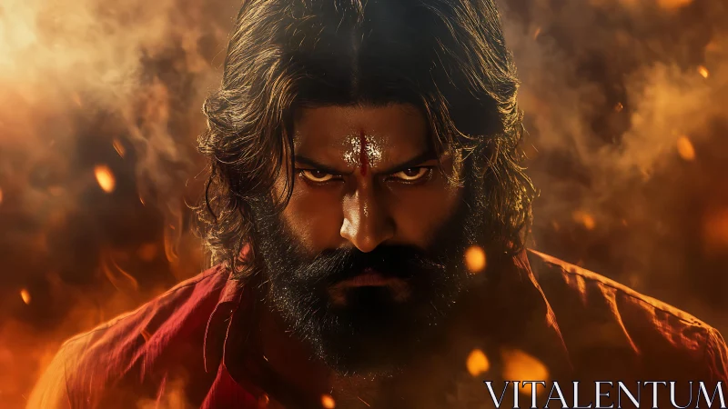 Intense bearded warrior in fiery cinematic close-up portrait.