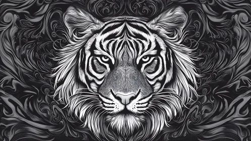 Monochrome vector tiger portrait with ornamental swirling linework