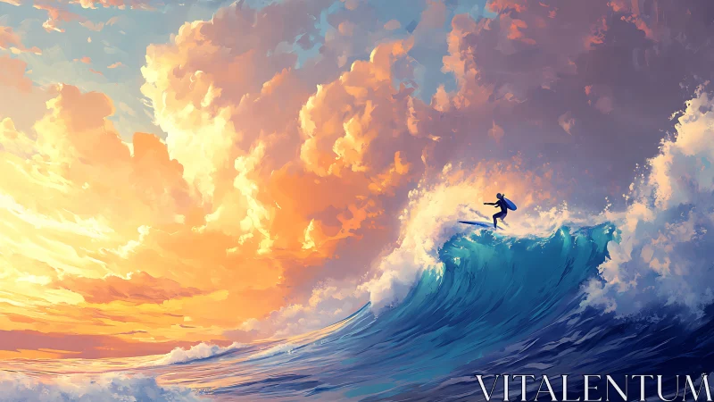 Surfer balancing on cresting wave under vivid sunset sky.