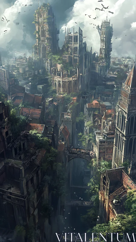 Verdant neo-gothic megacity rises through mist and memory