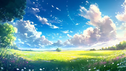 Wide green meadow extends under bright blue clouded sky