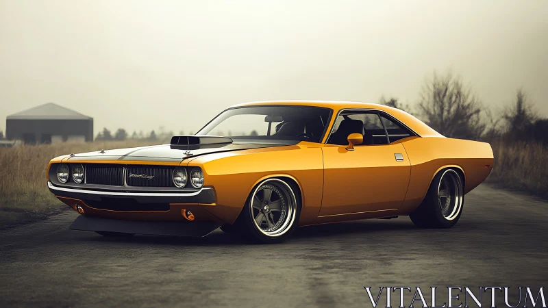 Yellow classic muscle car stands on rural road at dusk