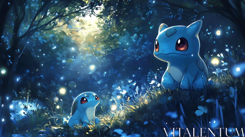 Two glowing-eyed blue creatures in a moonlit forest clearing.