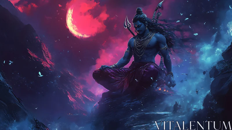 Blue-skinned meditating figure under red moon in mountains