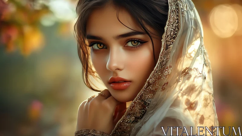 Portrait of veiled woman with ornate shawl in soft light.