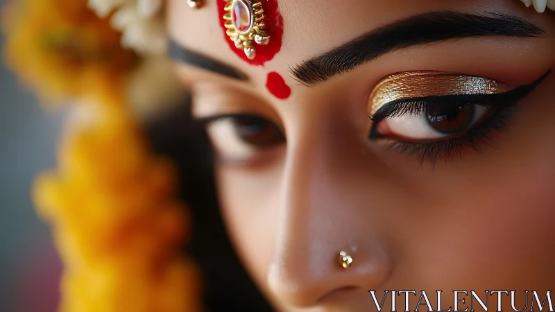 Closeup Indian bridal eyes with gold shadow and bindi.