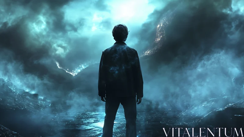 Solitary human figure stands before luminous fog and rocks