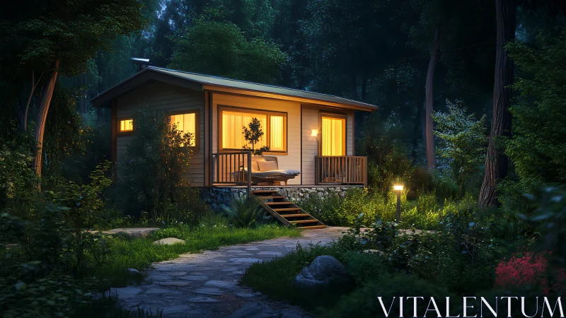 Small modern cabin shows warm interior light in dense forest