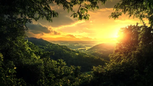 Golden sunset pours soft light across peaceful green hills