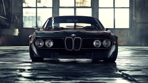 Front view of vintage BMW coupe in industrial warehouse.
