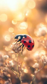 Ladybug rests on wildflower with soft golden bokeh light