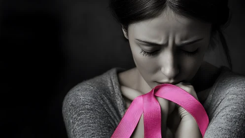 Woman holding pink ribbon in emotional portrait, awareness theme.