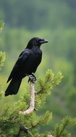 Raven perched on evergreen branch displays striking profile.