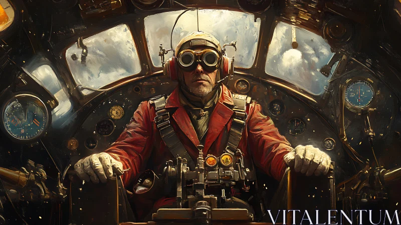 Seasoned airman at the controls of a vintage cockpit.