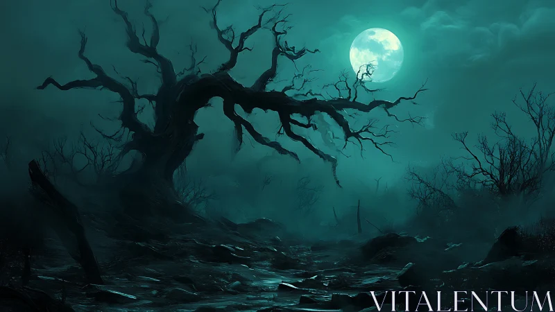 Twisted dead tree silhouettes against high-contrast cyan moonlit fog