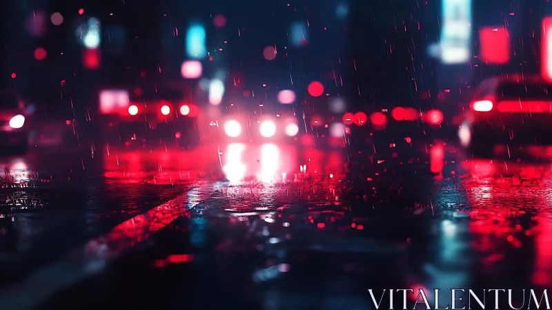 Neon-soaked city street in rain with cinematic bokeh glow.