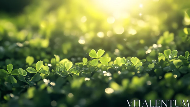 Sunlit clover leaves form a shallow field under soft bokeh
