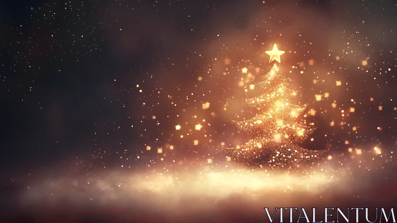 Golden Christmas tree glows softly in a dreamy winter haze