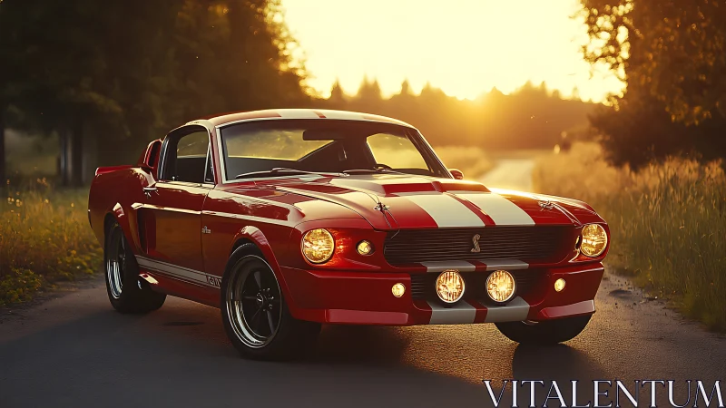 Red striped classic fastback on rural road at sunset.