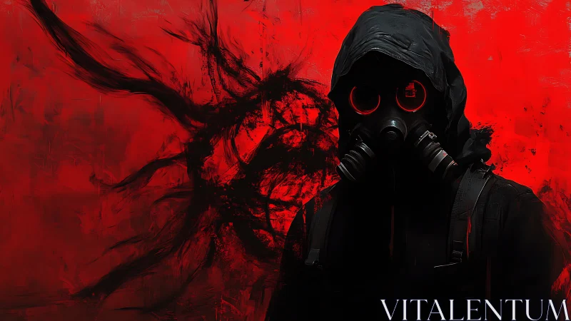 Hooded figure in gas mask silhouetted against red abstract field