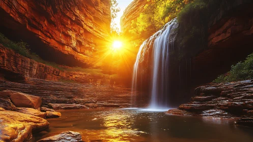 Sunlit canyon waterfall over layered red rock pool.
